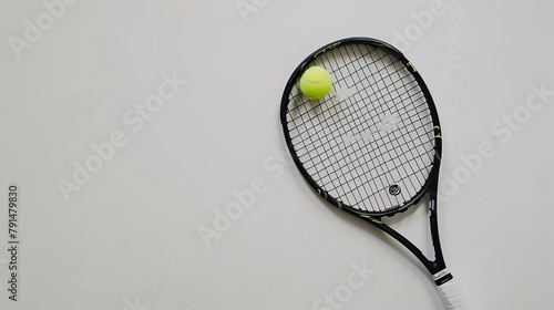 Design a minimalist yet impactful composition showcasing a close-up of a tennis racket and ball against a clean © jovannig