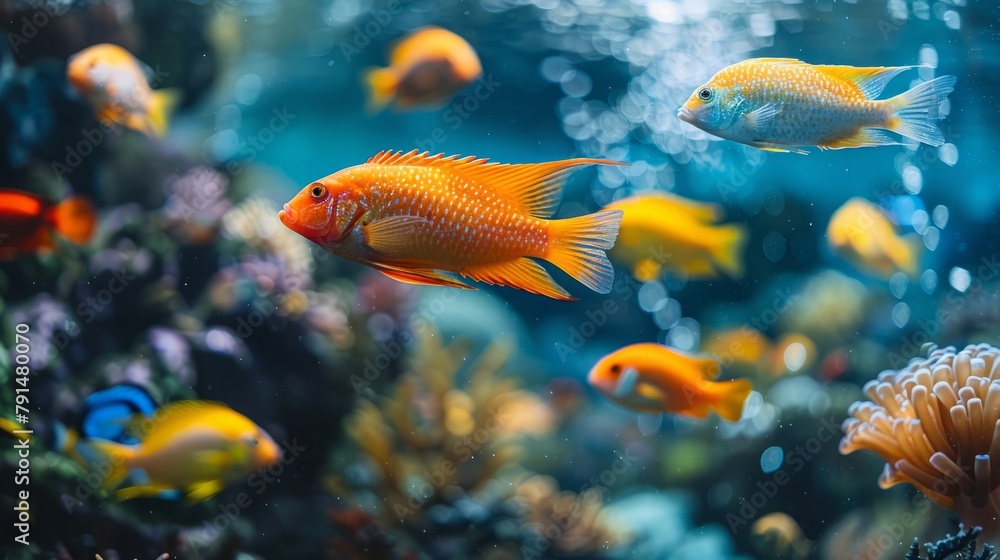 An aquarium filled with a wide variety of beautiful fish is located in the seaside amusement park An aquarium filled with a wide variety of beautiful fish is located in the seaside amusement park
