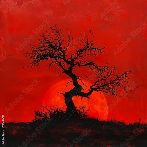 A barren tree silhouetted against a bloodred sunset evoking a sense of loss and despair in a starcrossed romance