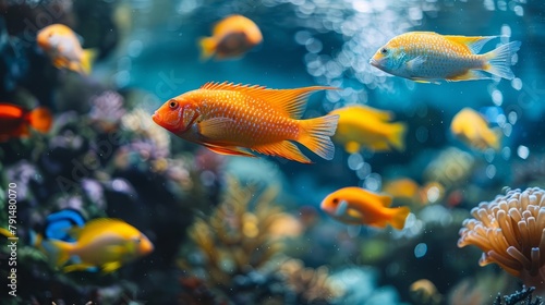 An aquarium filled with a wide variety of beautiful fish is located in the seaside amusement park