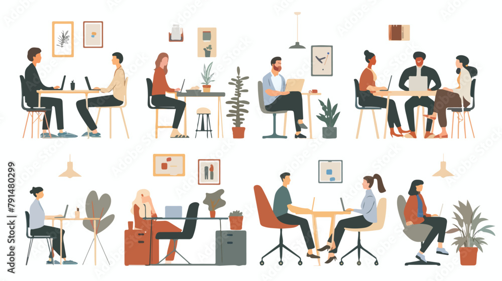 Contemporary workspace flat vector illustrations set.