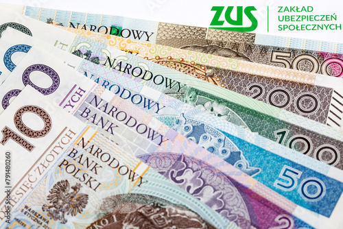 ZUS - Polish Social Insurance Institution - on the background of the Polish Zloty