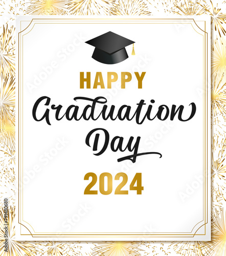 Happy Graduation Day 2024 school banner concept. Holiday backdrop with gold fireworks. 3D sheet of paper. Decorative vintage golden frame. Diploma design concept. Document template. Festive frame.