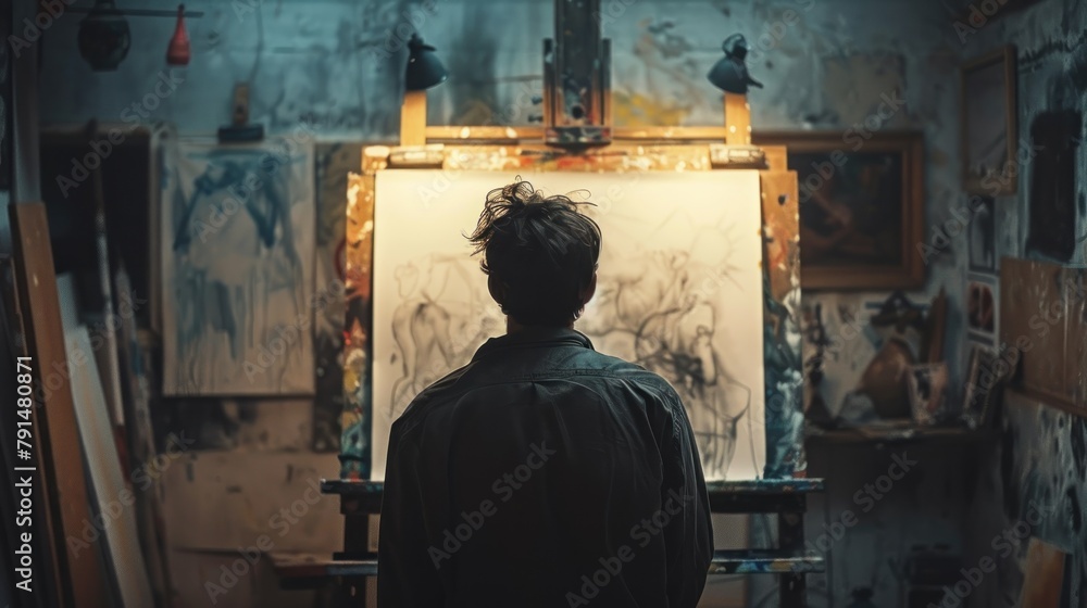 An artist in a leather jacket contemplating a canvas in a dim, art-filled studio.