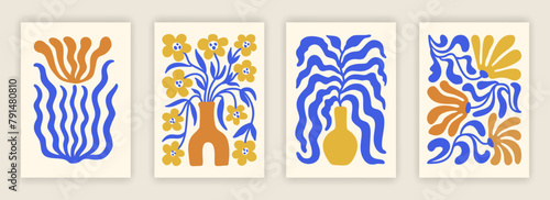 Abstract simple colorful flower and leaf composition set. Contemporary art interior poster designs. Naive drawing EPS 10 vector background collection.