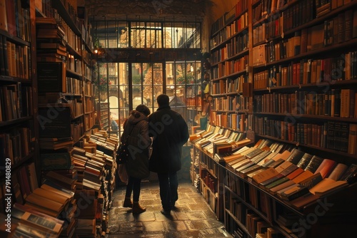 A couple walks hand-in-hand, exploring the cozy and crammed aisles of a charming antique bookstore. photo