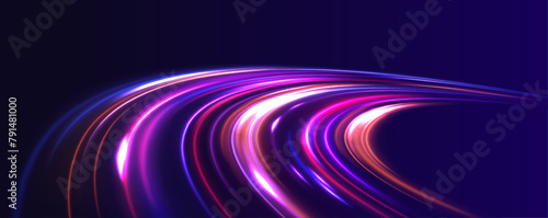 Rotating dynamic neon circle. Colored shiny sparks of spiral wave. Expressway, the effect of car headlights. Low-poly construction of fine lines. Blue background. 