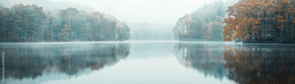 Fototapeta premium A lake with trees in the background and a foggy sky