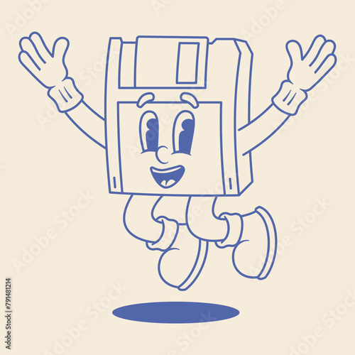 Floppy Disc Mascot Illustration Outline Version