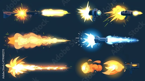 Handgun or blaster light effect in game. Illustration set of various vfx laser light trails and spark glows. Gun shots flash trace with streaks and steam. photo