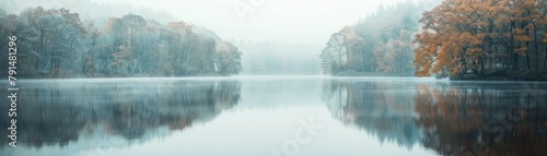 A lake with trees in the background and a foggy sky