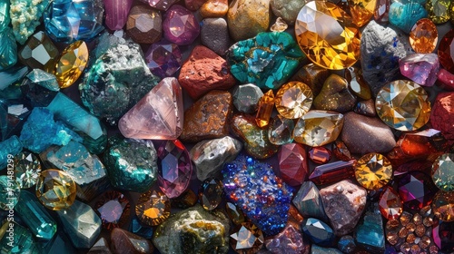 vibrant collage of gemstones and precious metals gleaming in the light, representing the allure and diversity of Earth's natural resources. photo