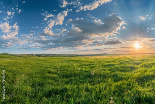 Beautiful green grass field landscape with blue sky at sunset