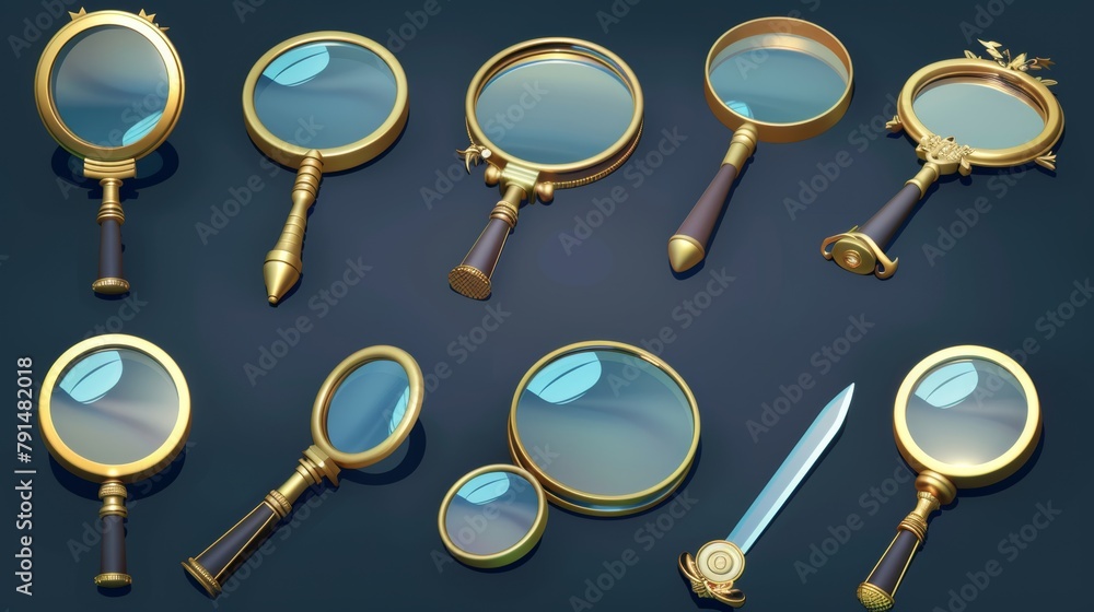 A realistic modern set of metal loupes with flexible handles and transparent zoom lenses for magnification and focusing. Optical equipment for magnification and focusing. A realistic modern set of metal loupes with flexible handles and transparent zoom lenses for magnification and focusing. Optical equipment for magnification and focusing.
