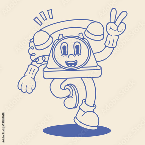 Retro Phone Mascot Illustration Outline Version
