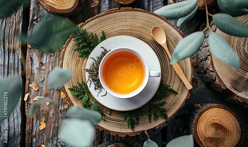 A wooden table set with a cup of tea, tea leaves, and a wooden spoon. The circle of the cup contrasts with the natural elements of wood and plant life