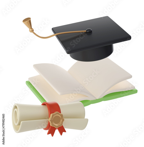 3D flying open Book, Diploma scroll and university or college black cap graduate Icon. Render Education or Business Literature. E-book, Encyclopedia, Textbook Illustration