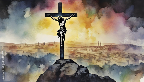 Watercolor painting of Jesus’ Crucifixion at Jerusalem. photo