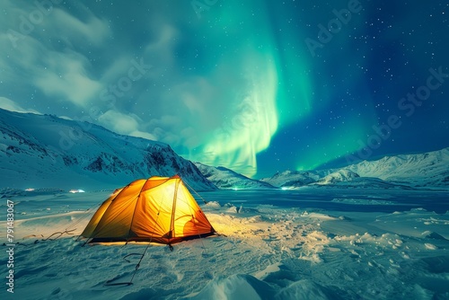 Illuminated tent under the magical aurora borealis in a snowy mountain landscape