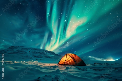 Illuminated tent under the magical aurora borealis in a snowy Arctic landscape