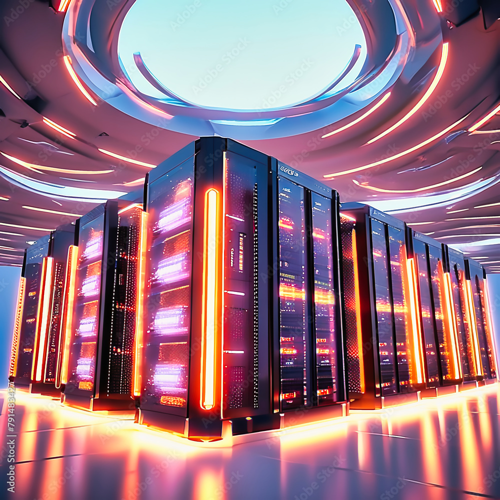 Server room with server cabinets, digitalis for host PC. Management and ...