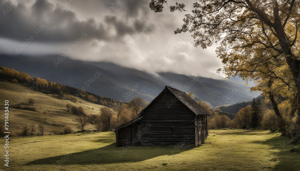 lonely wood house in breathetaking mountain landscape