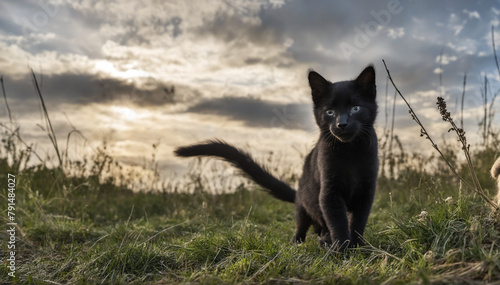 Cute little black kitten in nature