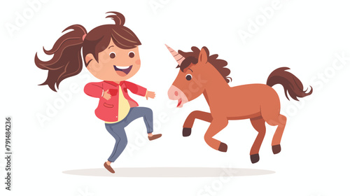 Joyful little girl running to hug adorable pony vector