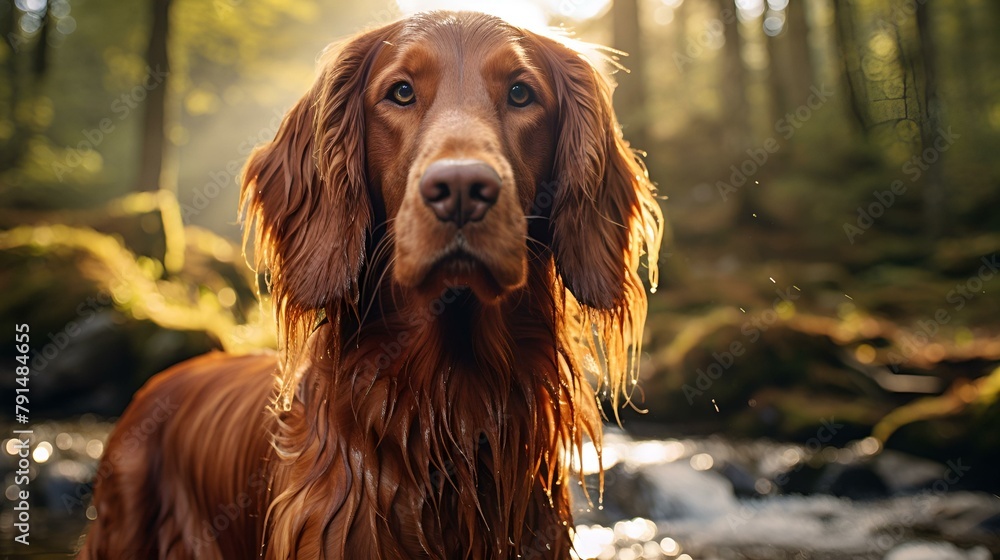A golden cartoon dog standing in front of a stream