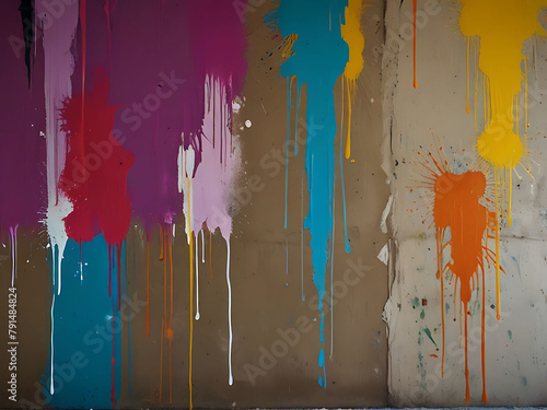 Messy paint strokes and smudges on old painted wall. Colorful drips  flows  streaks of paint and paint sprays on grunge wall background. Generative AI