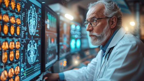 Elderly doctor near modern medical equipment. Monitor with skeletal tomography near attending physician. Male doctor uses innovative medical technology