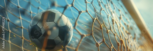 A football lodged in a soccer net with a warm sunset backdrop, illuminating the net's texture photo