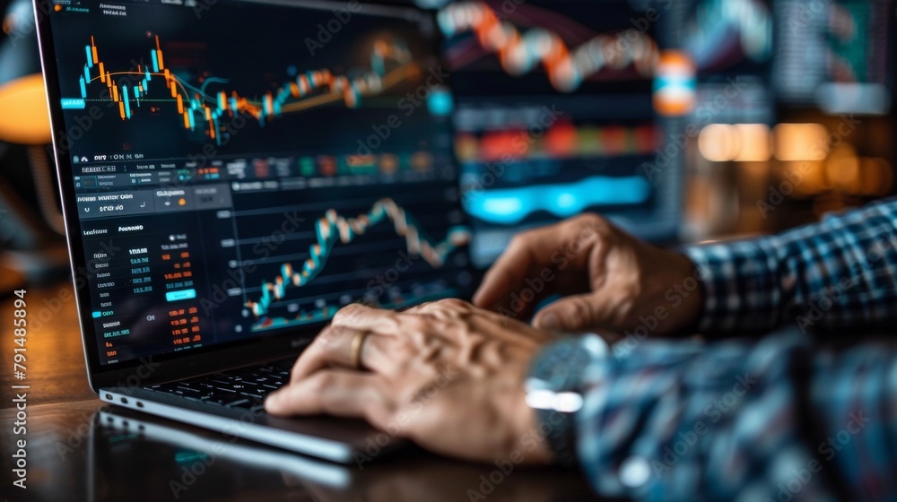 A person is typing on a laptop with stock market graphs, AI A person is typing on a laptop with stock market graphs, AI