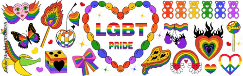 Pride LGBT set. Pride month, love signs and rainbow flags. LGBTQ plus community festival icons hand draw. Y2k trendy style stickers and tattoo ideas.Vector illustration