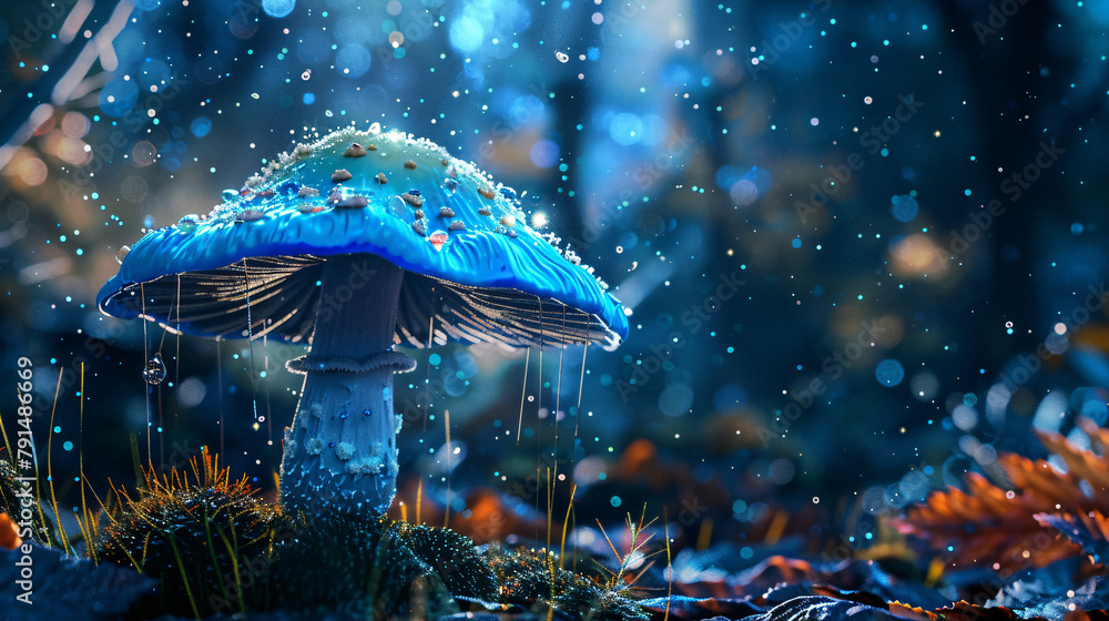 Fantasy translucent blue mushroom close-up 