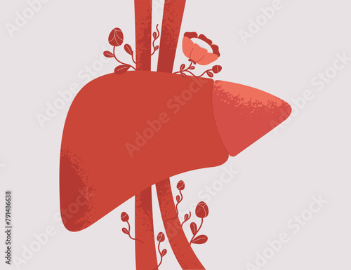 Healthy human liver in bloom.Good hepatic and bile function. Metabolic wellness and digestive balance. Creativity vector illustration