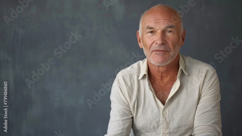 Senior man with public speaker gesture. Fingers connected at fingertips, pose which imposes power and patience, gray studio background, copy space