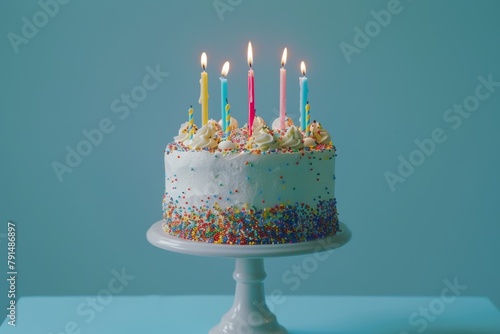 Colorful birthday cake with lit candles on a stand against a teal background