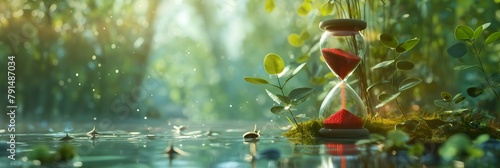 The serene image of an hourglass with red sand amidst a tranquil forest scene symbolizes time and nature