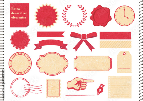 レトロなあしらい素材のセット。ビンテージ加工した装飾。リボンやフレーム、テキストの飾り。