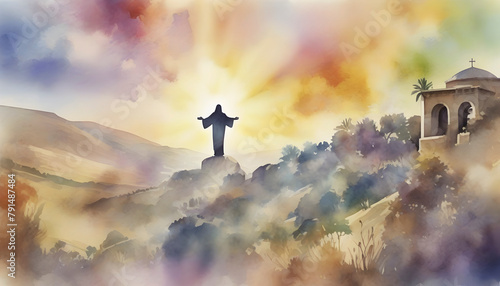 Watercolor painting of Jesus' Ascension to Heaven at Mount of Olives. photo