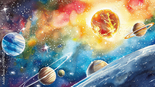 watercolor illustration showcasing the planets of our solar system in all their celestial glory
