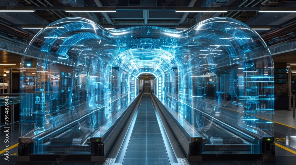 Fototapeta premium High-definition x-ray screenshot captured at the airport security checkpoint, showcasing the intricate details of luggage passing through the conveyor belt