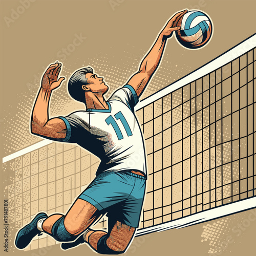 A Player Jump to Shoot a Beach Volleyball Infront of The Net Vintage Engraved Style