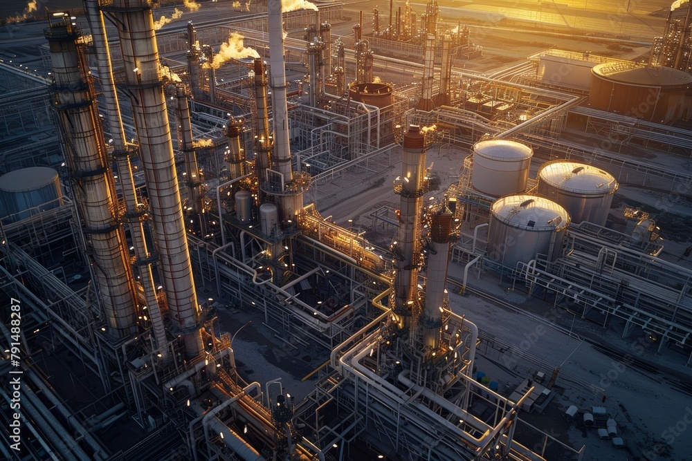 Drone view of a bustling oil refinery at sunset, showcasing industrial might and complex infrastructure