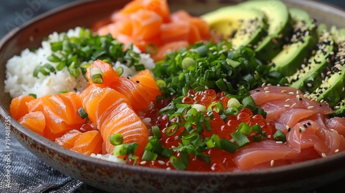 Showcase the colorful array of ingredients in a bowl of poke, featuring fresh fish, creamy avocado, and crunchy toppings.