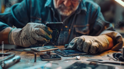 Smartphone repairman with tools photo