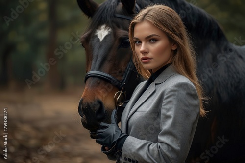 Masterpiece, realism, digital art, close up portrait of a model with a horse, all black elegant suit, black knee boots, black gloves, natural lighting, bokeh