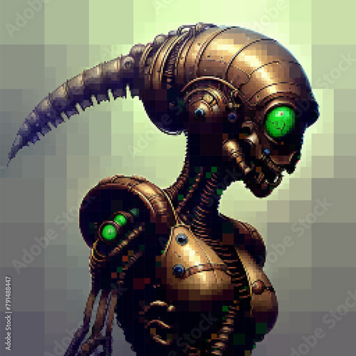 Alien creature with glowing eyes. Vector pixelated illustration. Rectangular design.