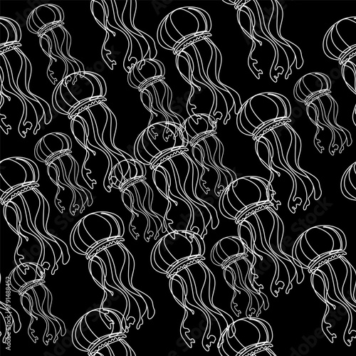 Jellyfish in one line art style on isolated black background seamless pattern. Vector illustration